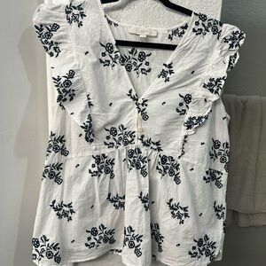 LOFT White Black Floral Ruffled Sleeveless Blouse